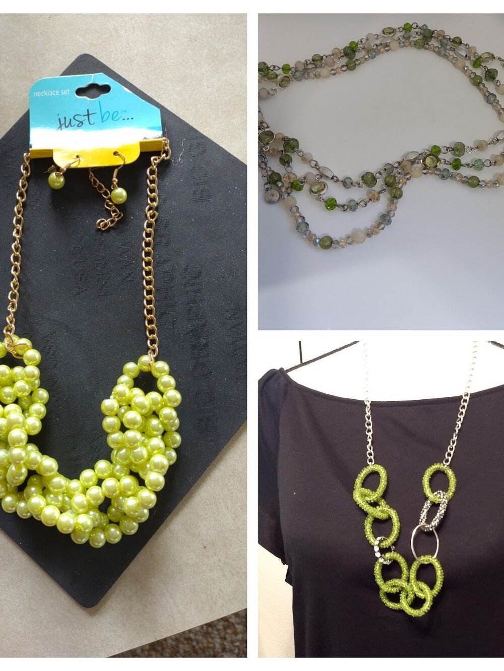 Green Mix Necklaces Tier Layered, Faceted Beads, Silver Goldtone Chain Lot of 3
